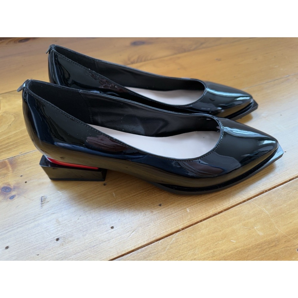 Womens Black Patent Leather Heels Pointed Toe Block Heel Red Accent Modern 10